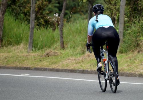 Free Rear view of a woman cycling on a tranquil, open road surrounded by nature. Stock Photo