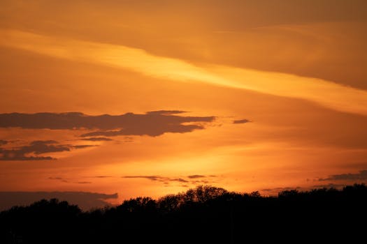 Beautiful sunset with orange sky and silhouetted trees in Minnesota, USA.