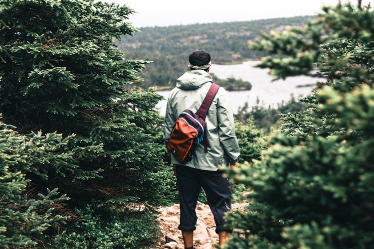 Man In Hoodie Jacket Standing On Mountain Area