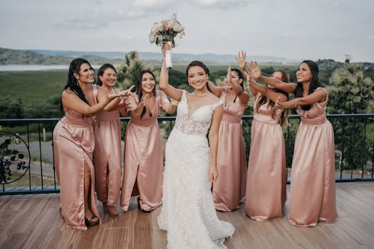 Bride holding bouquet with excited bridesmaids outdoors in Ecuador.