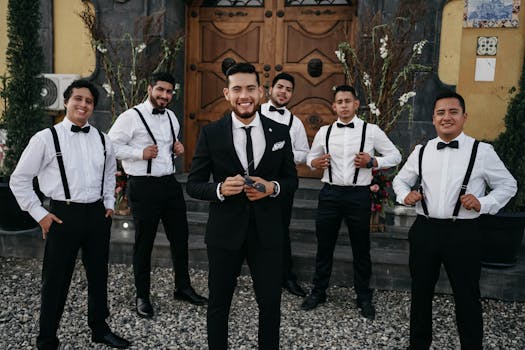 A group of groomsmen with the groom dressed in formal attire, posing outdoors at a wedding in Ecuador.