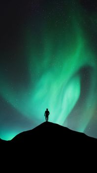 Silhouette of a person on a hill under a vibrant, starry aurora borealis sky.