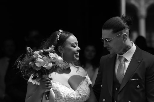 Beautiful black and white portrait of a couple celebrating their wedding in Brussels, Belgium.