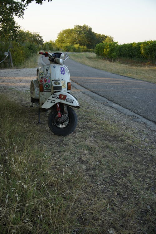 White Motor Scooter Parked on Grass Near Concrete Pathway