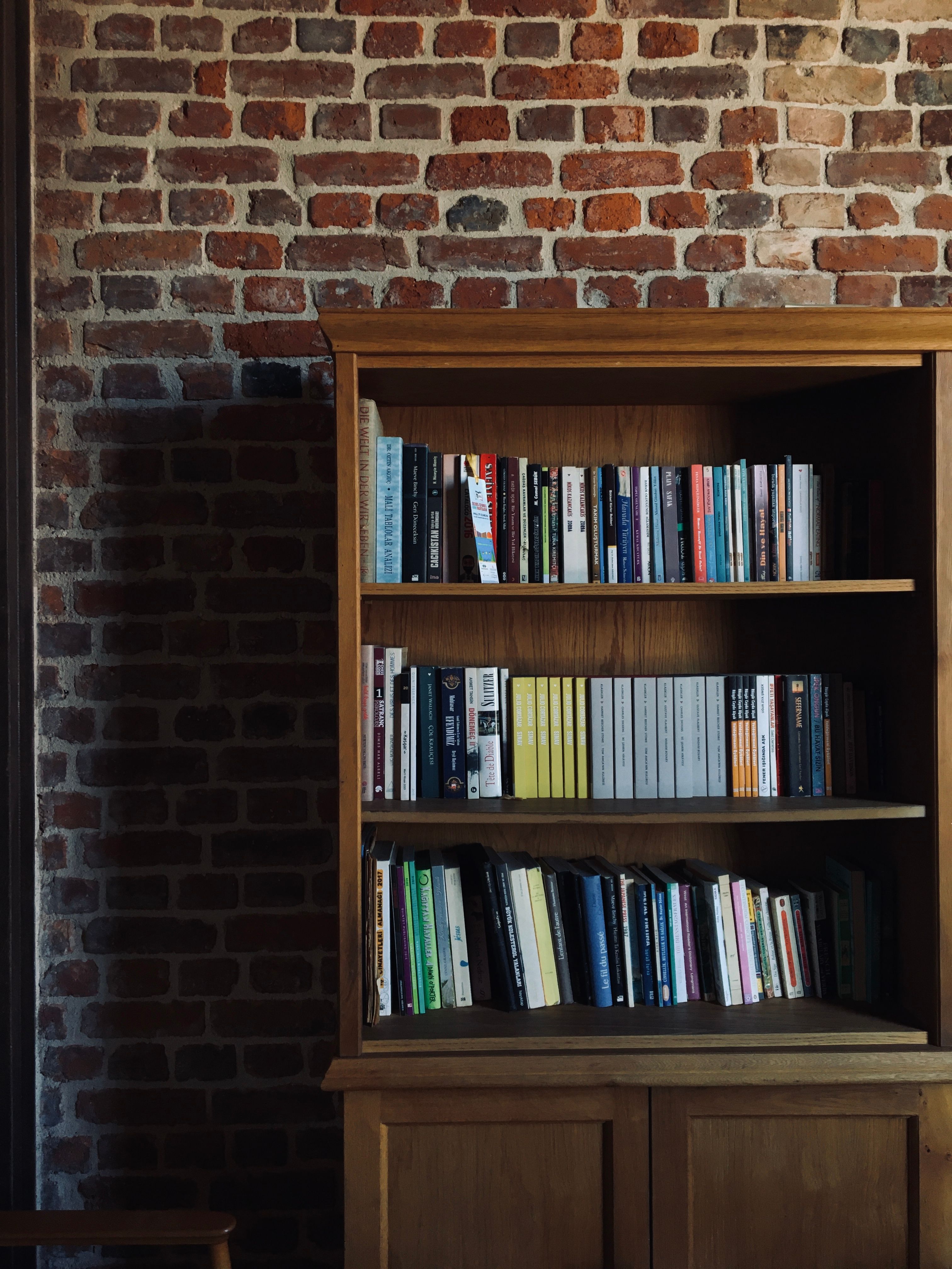 A collection of various books on a wooden bookshelf against a rustic brick wall indoors