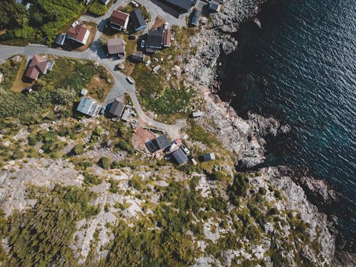 Aerial View of Houses Near Body of Water