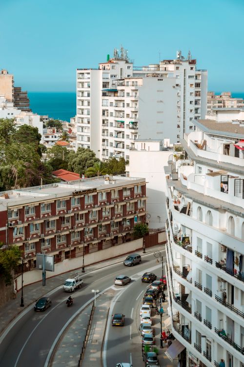 Free Urban view of Algiers with high-rise buildings and coastline under clear blue sky. Stock Photo