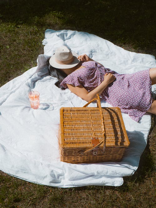 High-Angle Shot of a Woman in Purple Polka Dot Dress Lying on Picnic Blanket