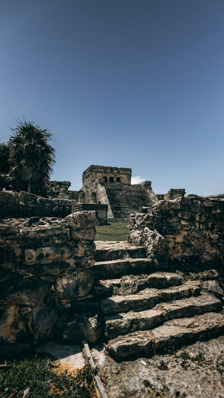 Stones Steps On El Castillo Ancient Ruins In Tulum Mexico