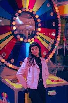 A woman in a pink jacket poses smiling by a colorful arcade game at night.