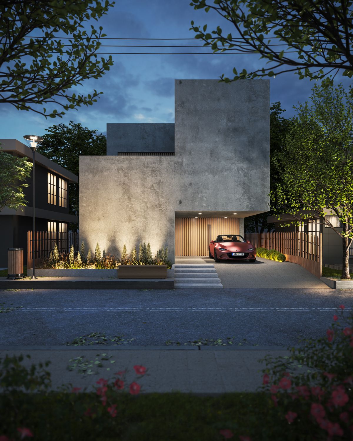 Concrete modern residence at dusk