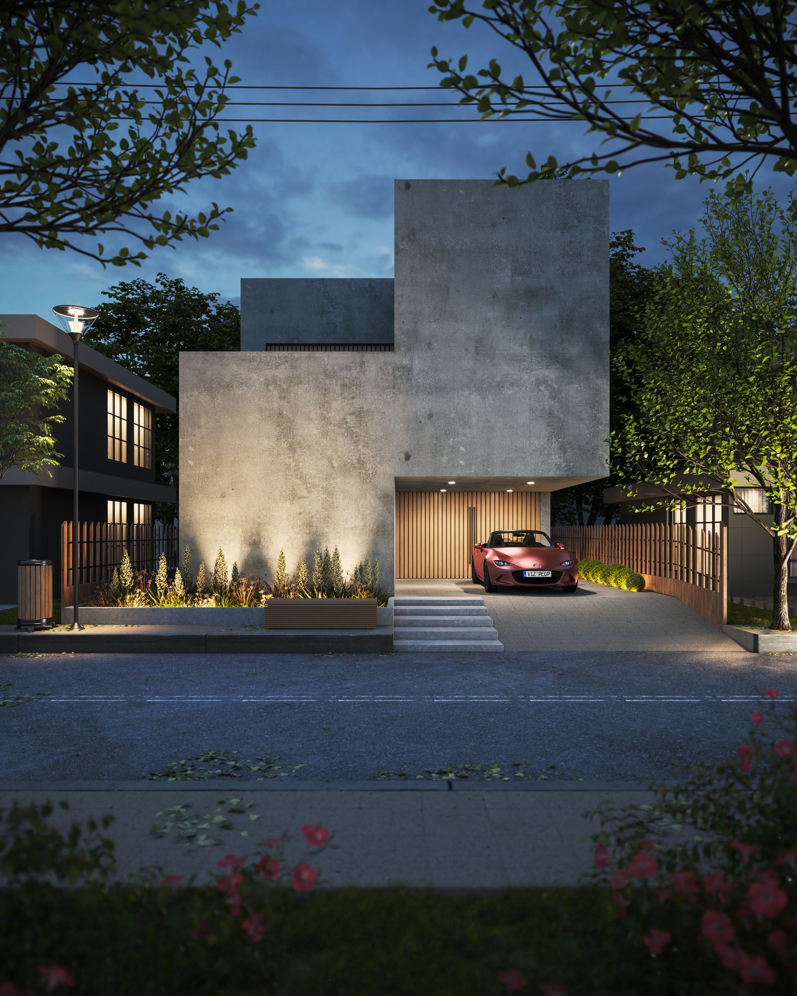 Contemporary Sunshine Coast home at dusk with warm exterior lighting