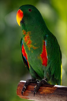 Close-up of a colorful Eclectus parrot perched outdoors, showcasing vibrant plumage.