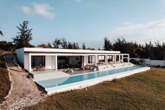 Elegant villa with an infinity pool set in a serene outdoor landscape.