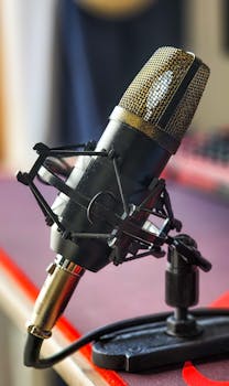 Close-up of a professional condenser microphone on a stand in a studio setting.