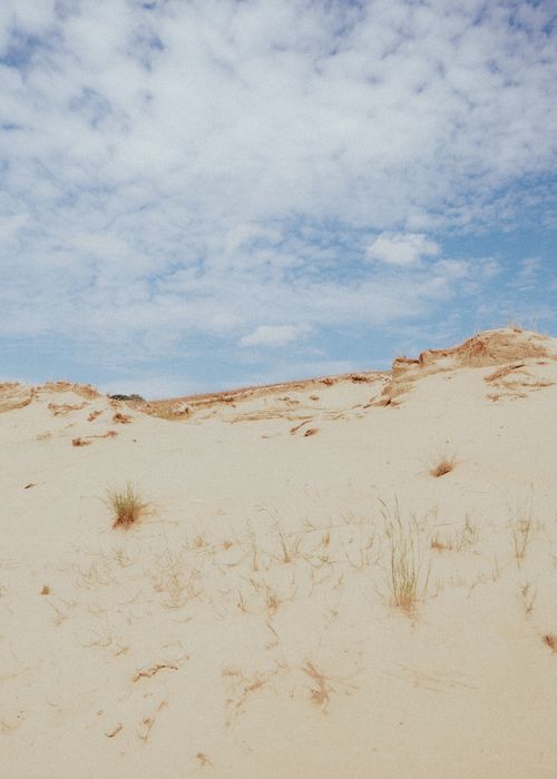 Free Serene sand dunes stretch beneath a bright, cloudy sky, offering a peaceful landscape view. Stock Photo