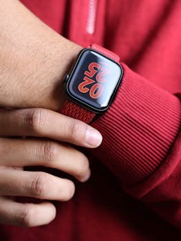 A person wearing a red smartwatch showing time, emphasizing modern technology.