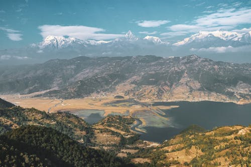Aerial View of the Pokhara Valley, Phewa Lake and the Himalayas in Nepal 