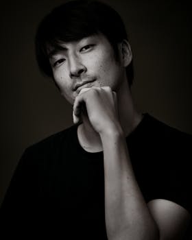 Black and white portrait of an adult man with hand on chin, captured in thoughtful pose.