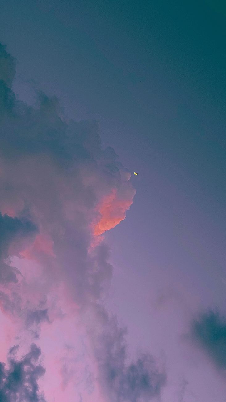 A captivating sky featuring a crescent moon amidst vibrant pink clouds at twilight.