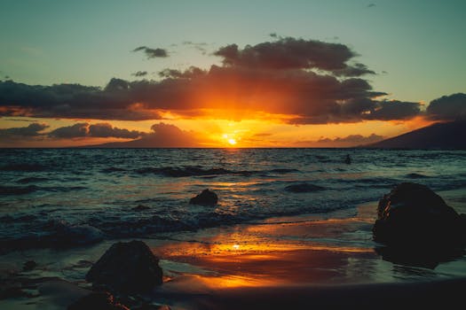 Capture of a breathtaking sunset over the Kula coastline with vibrant skies and serene waves.