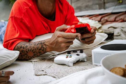 A person playing video games with a controller outdoors, showcasing leisure and technology.