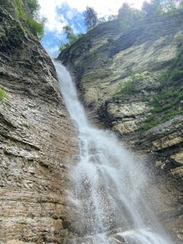 A breathtaking waterfall cascades down rugged cliffs surrounded by lush greenery on a clear day.