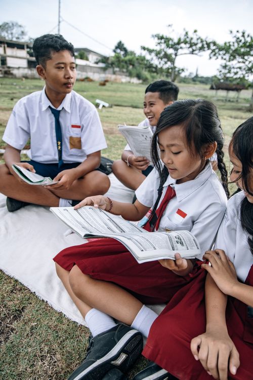 Free Group of schoolchildren studying together outdoors in uniforms. Stock Photo