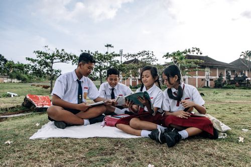 Free Group of school children in uniforms reading together outdoors on a grassy field. Stock Photo