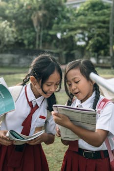 Two schoolgirls in uniforms reading outside, showcasing education and friendship.