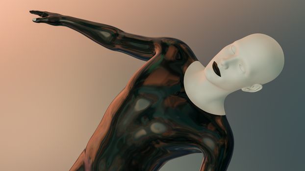 3D rendered abstract art of a futuristic mannequin with black lips on a gradient background.
