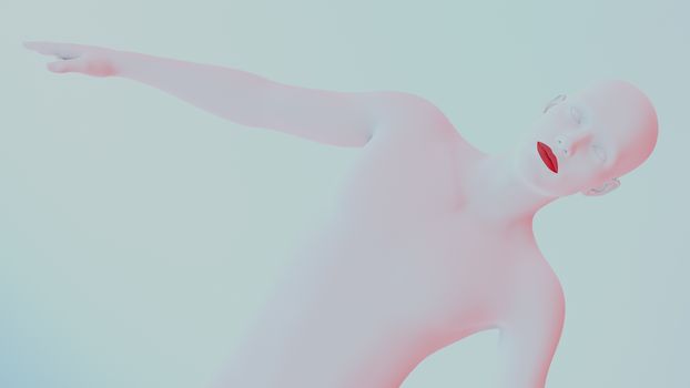 White abstract render of a human figure with red lips in a minimalist style.