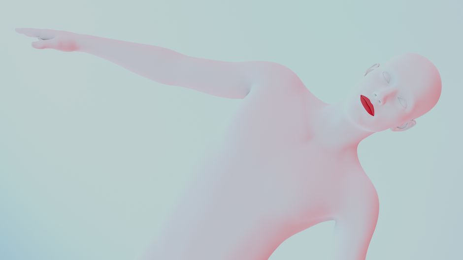 White abstract render of a human figure with red lips in a minimalist style.