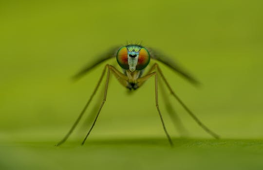 Detailed close-up of a mosquito with its vibrant eyes perched on a green leaf.