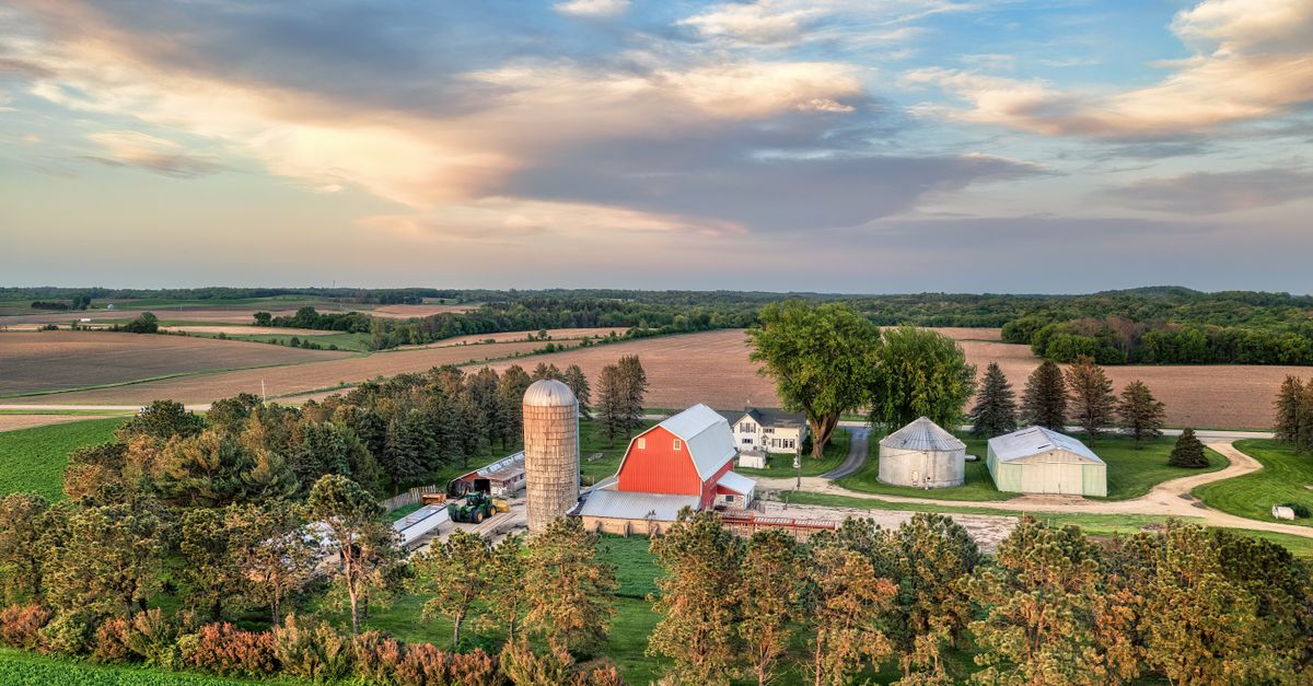 Aerial shot of a picturesque farm in Minnesota with vibrant fields and rustic buildings under a blue sky.