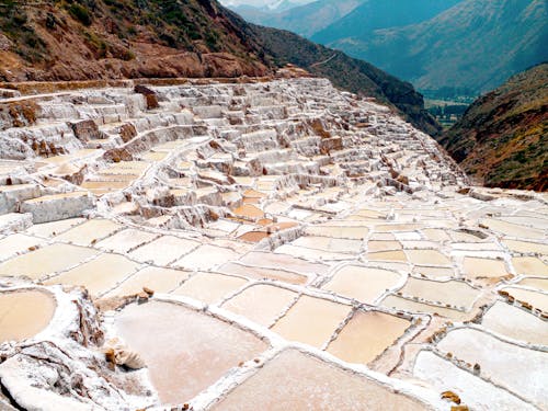 Aerial View of Man Made Maras Salt Mines Near Cusco, Peru