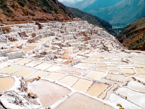 Scenic aerial view of the historic salt ponds of Maras, nestled in the Andes near Cusco, Peru.