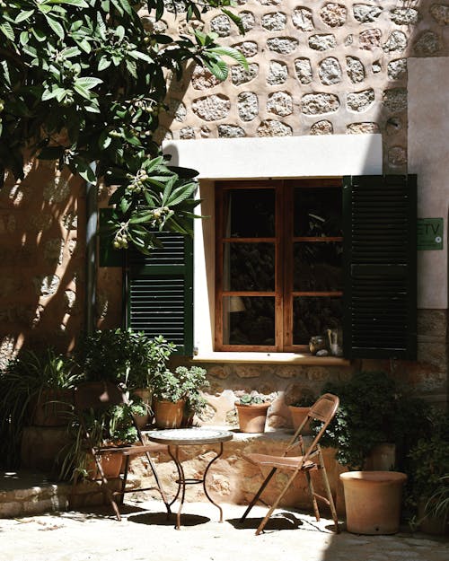 Brown Wooden Window Near Green Potted Plants