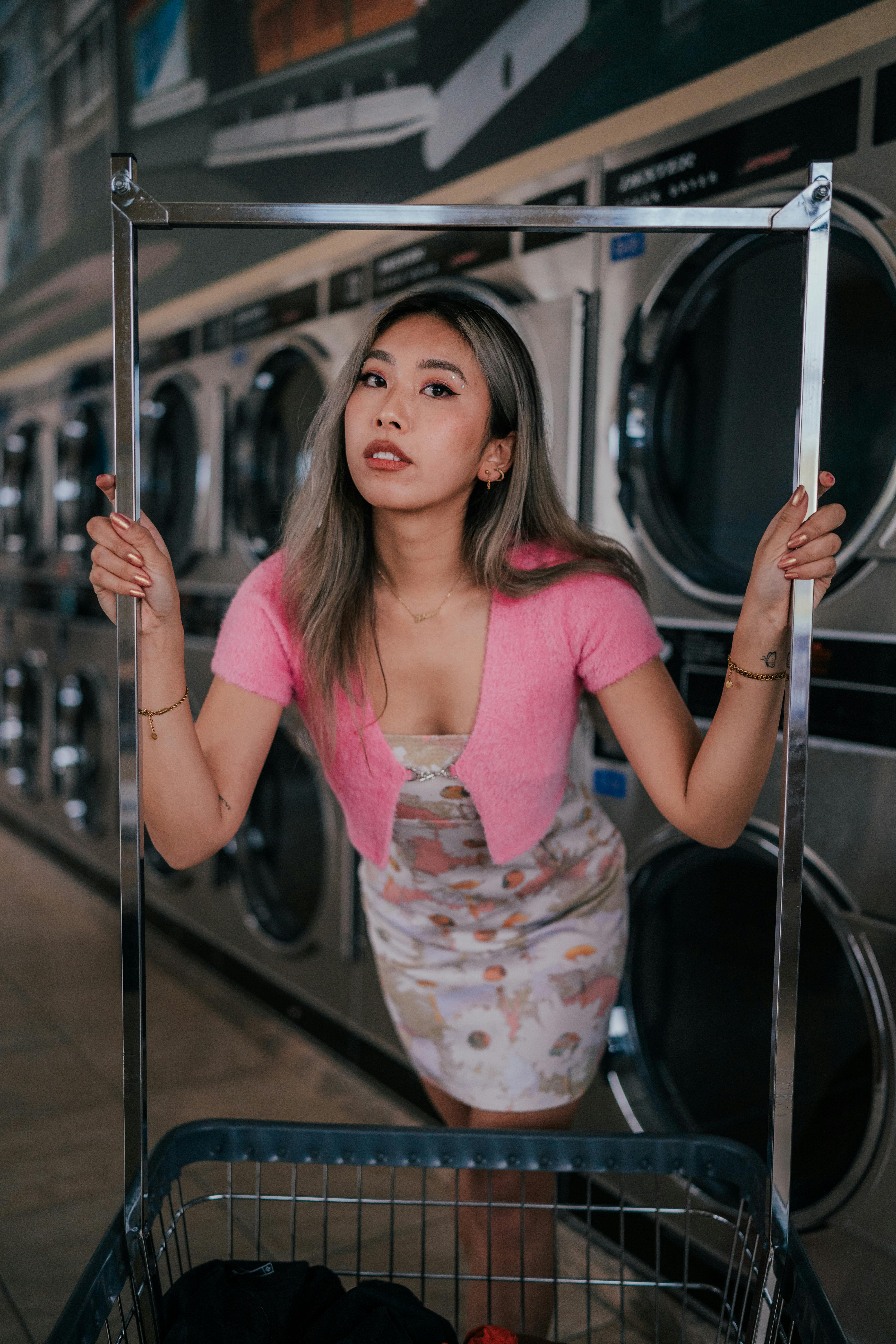 Man Puts Pink Bra Washing Machine Stock Photo 608255144