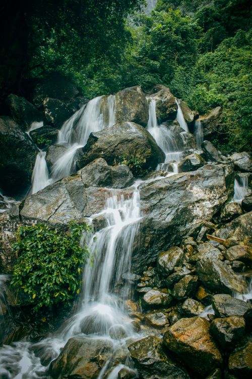 Free Captivating waterfall cascading over rocks amidst vibrant greenery, perfect for nature enthusiasts. Stock Photo