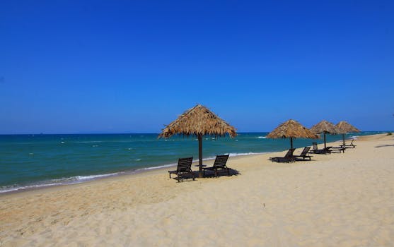 晴朗的天空下，宁静的沙滩上，草帽伞点缀着清澈的蔚蓝大海