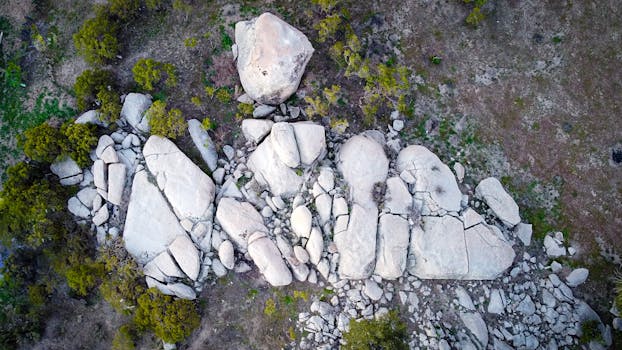 Top-down drone shot of large boulders surrounded by sparse vegetation.