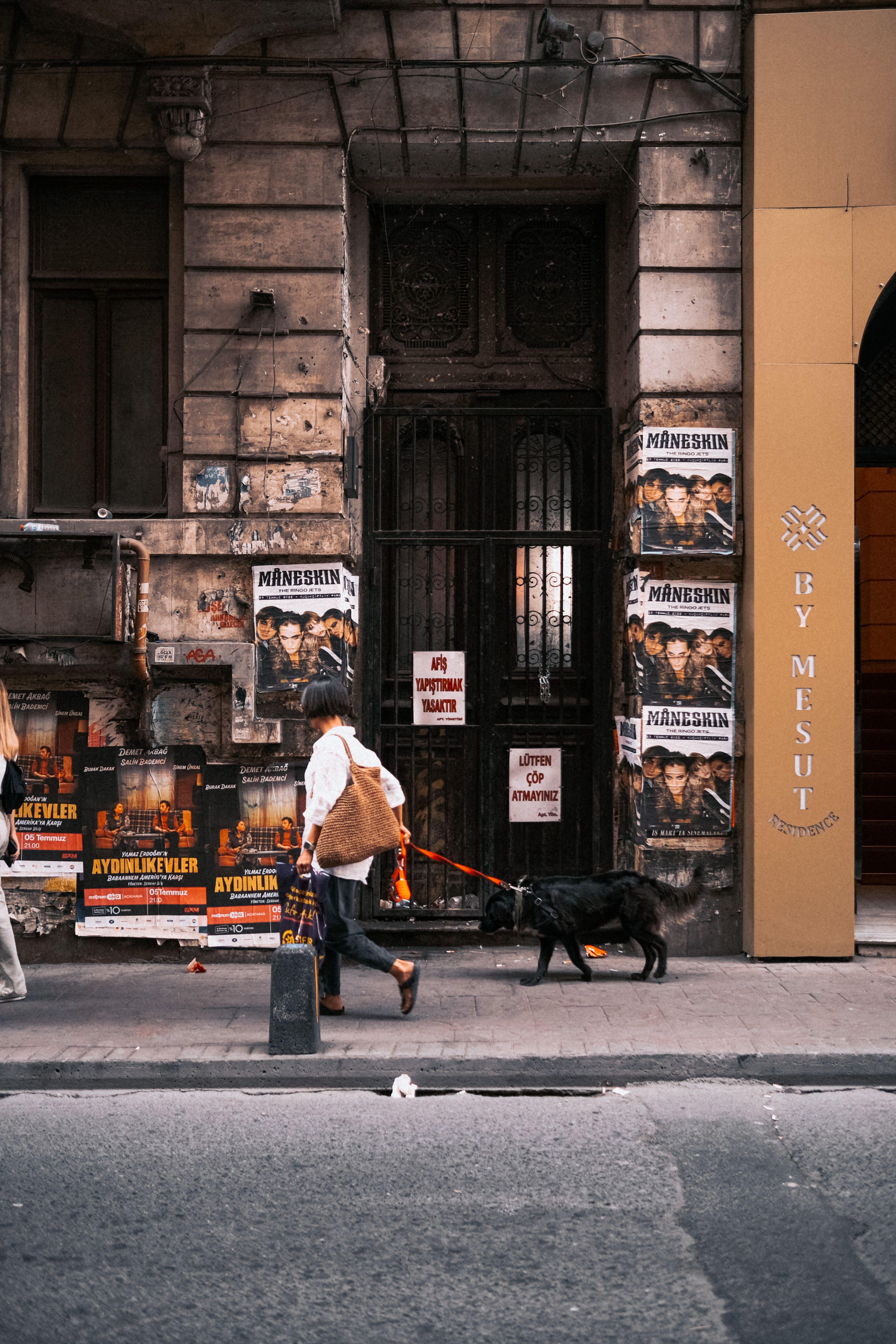 A woman walks her dog past an urban building with posters, creating a dynamic city scene.