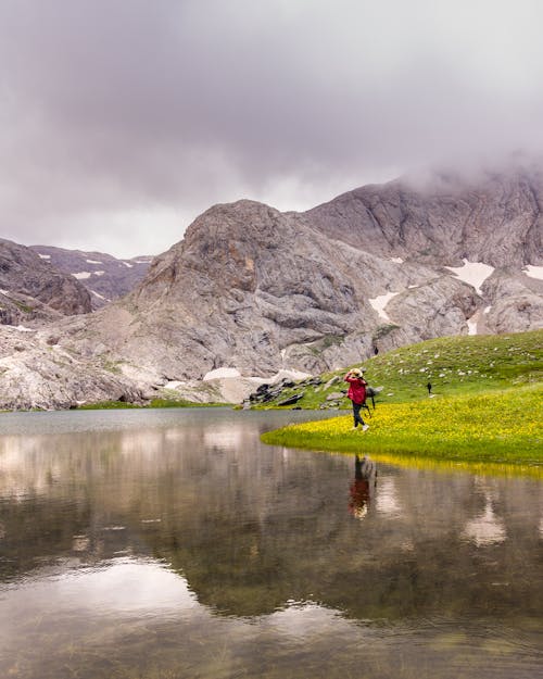 Person Standing on Grass near Body of Water