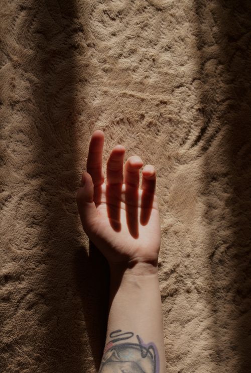 Free A tattooed hand casts shadows on a textured brown carpet in sunlight. Stock Photo