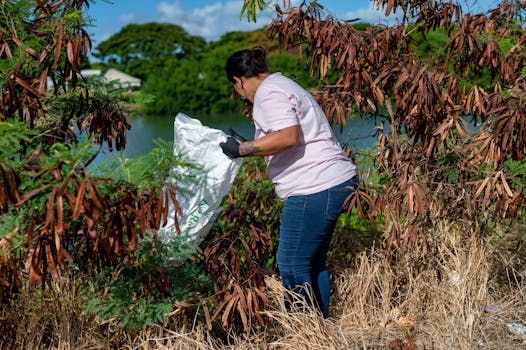 A volunteer cleaning up debris near a lake in Hawaii, promoting environmental care.