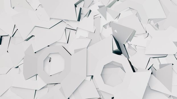 Explore the complex interplay of white geometric shapes in a seamless abstract pattern.