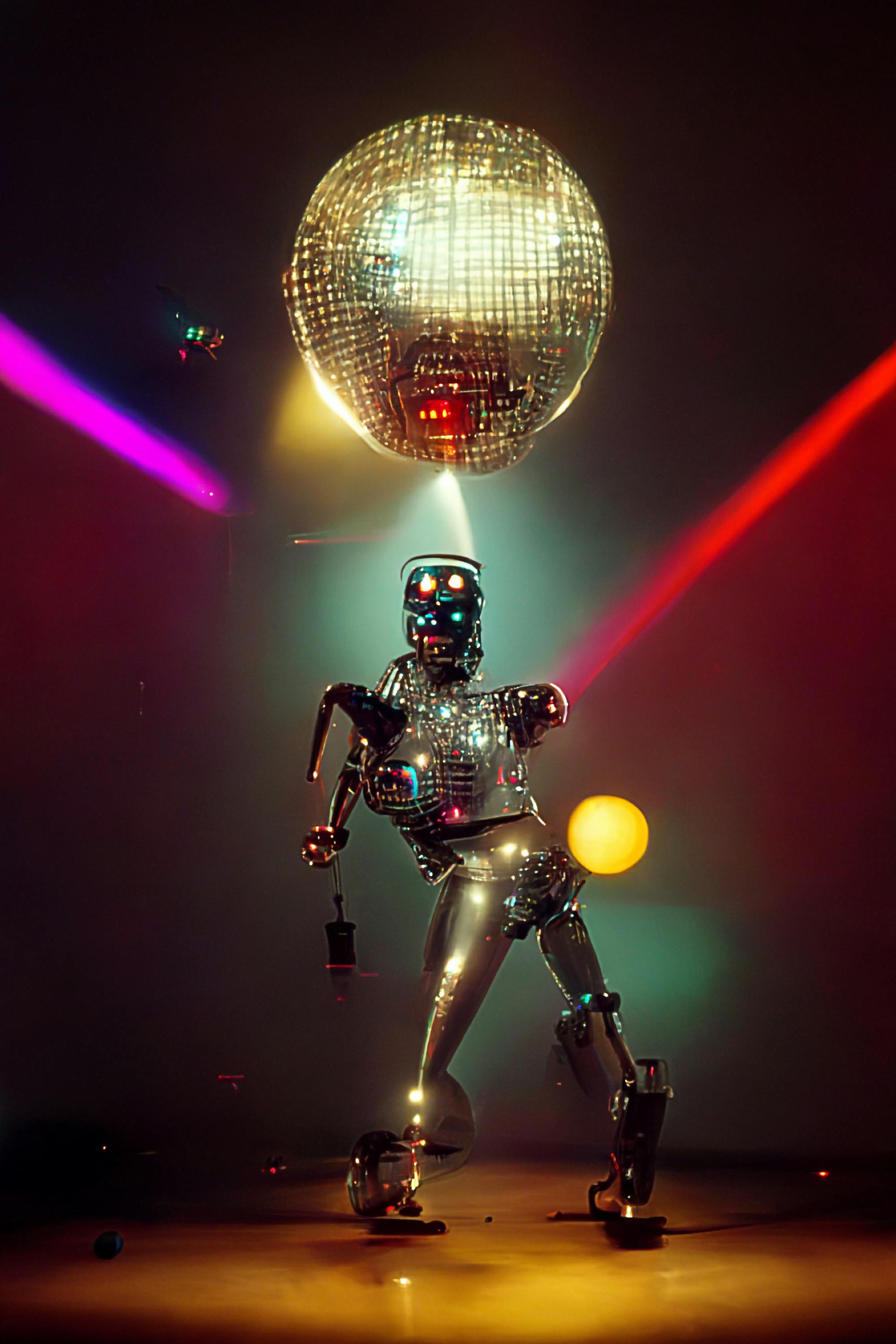 a robot under a disco ball