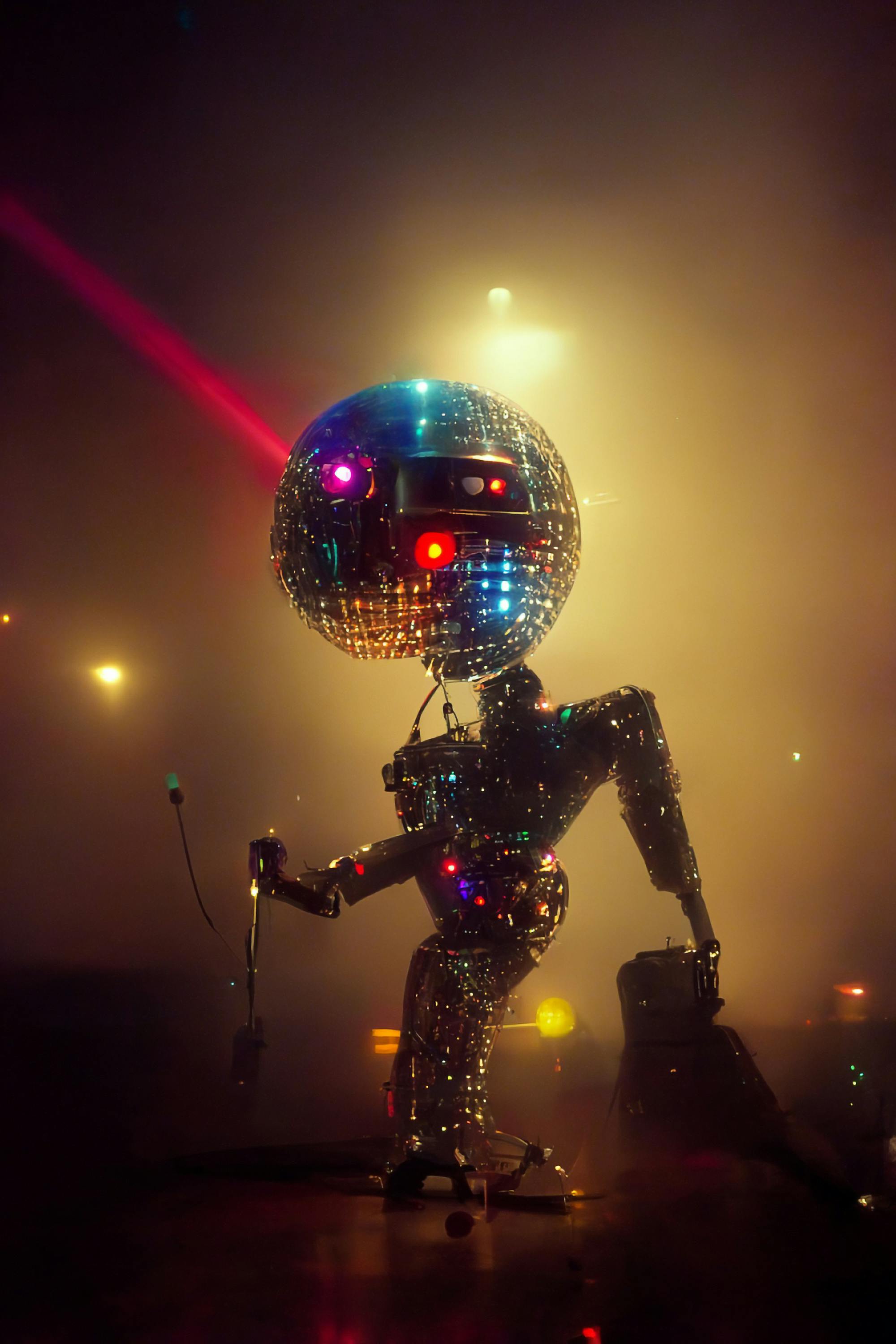 a robot with a disco ball