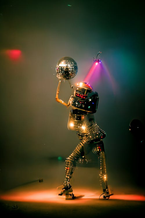 A Robot with a Disco Ball on a Stage